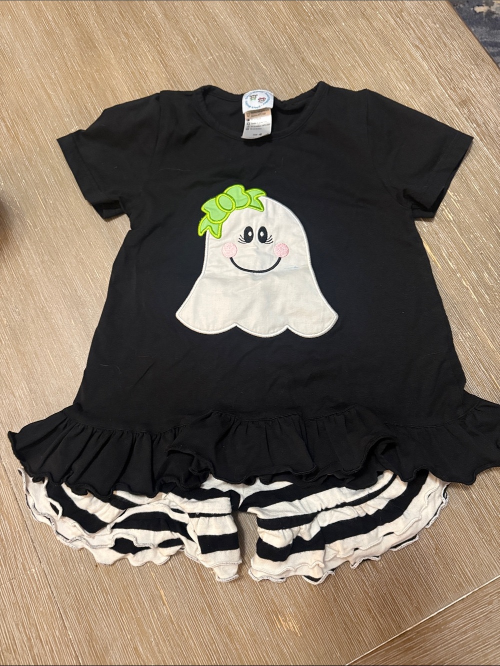 Black Halloween Ghost Ruffle Tunic Set with Neon Green Bow